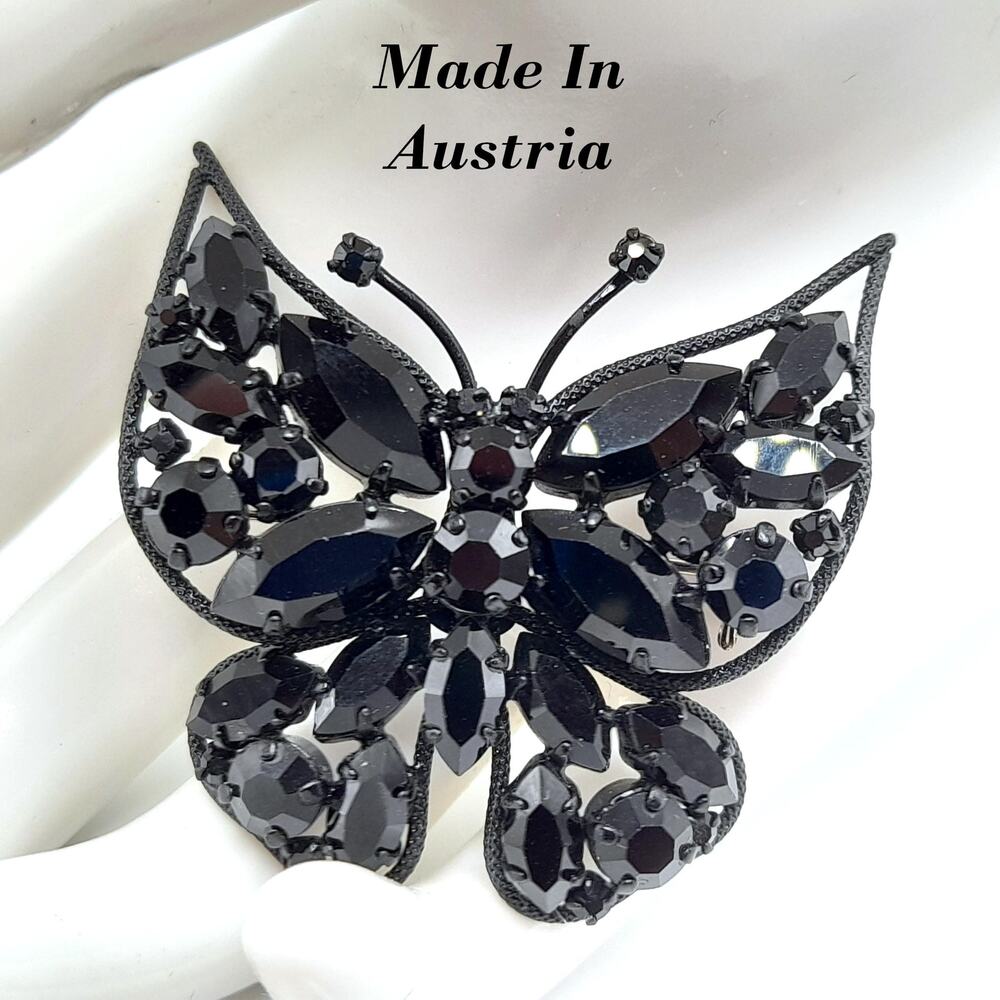 Vintage Butterfly Brooch, Japanned Black Enamel, Made in Austria, 1950s